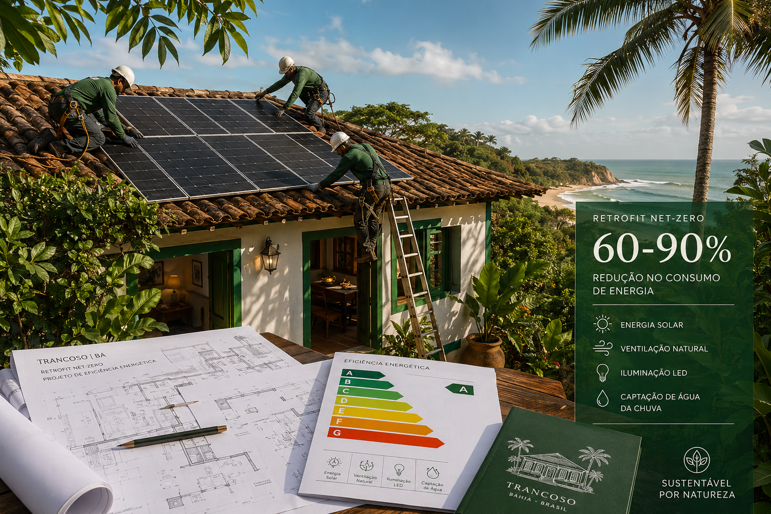 Wide-angle editorial photograph of a Trancoso coastal villa undergoing net-zero retrofit: workers installing sleek black