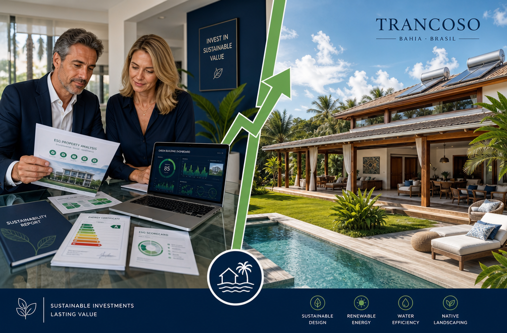 Split-panel editorial image: left side shows a European investor couple reviewing ESG property documents and energy