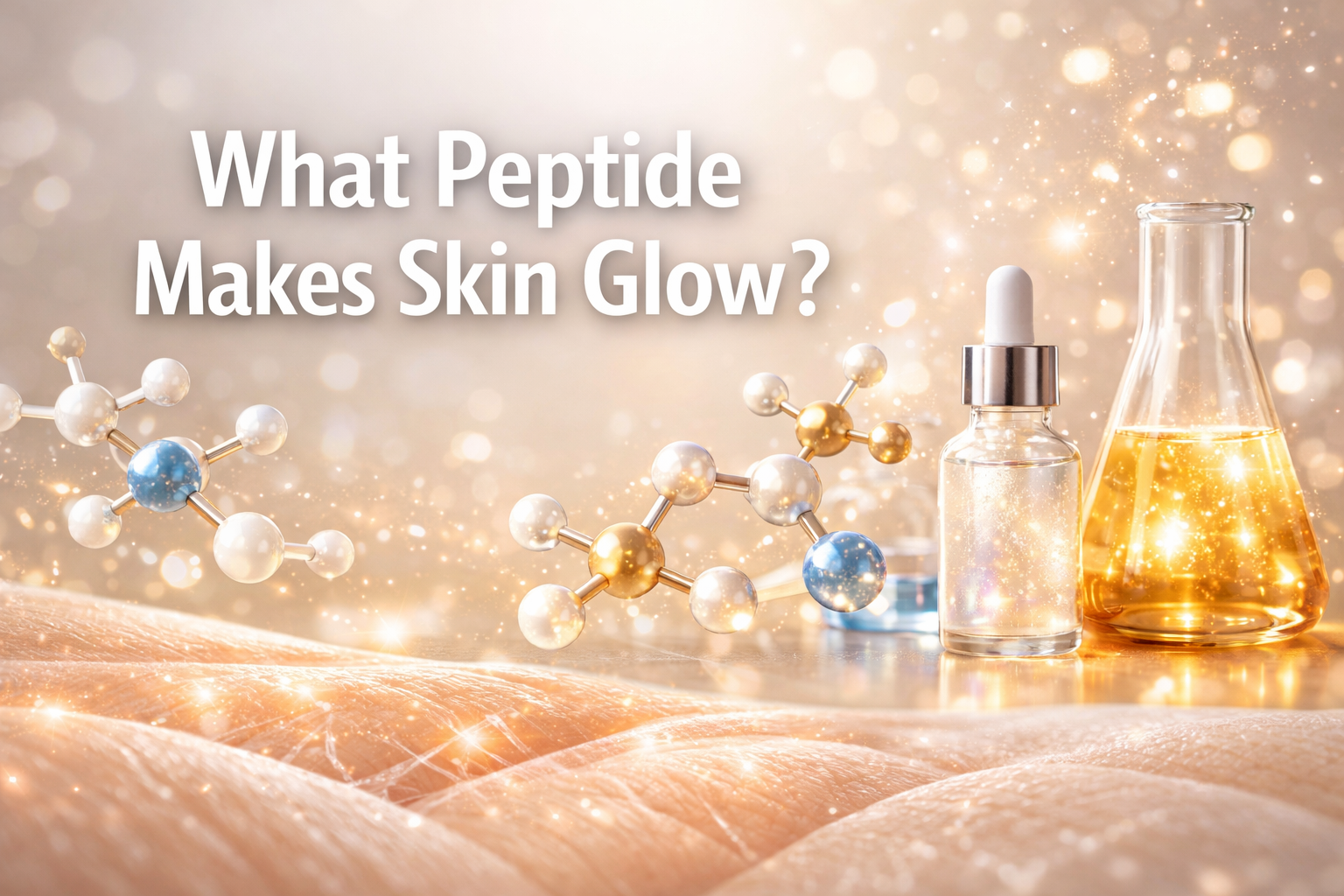 Professional landscape hero image (1536x1024) featuring bold text overlay 'What Peptide Makes Skin Glow?' in extra large 72pt white sans-ser
