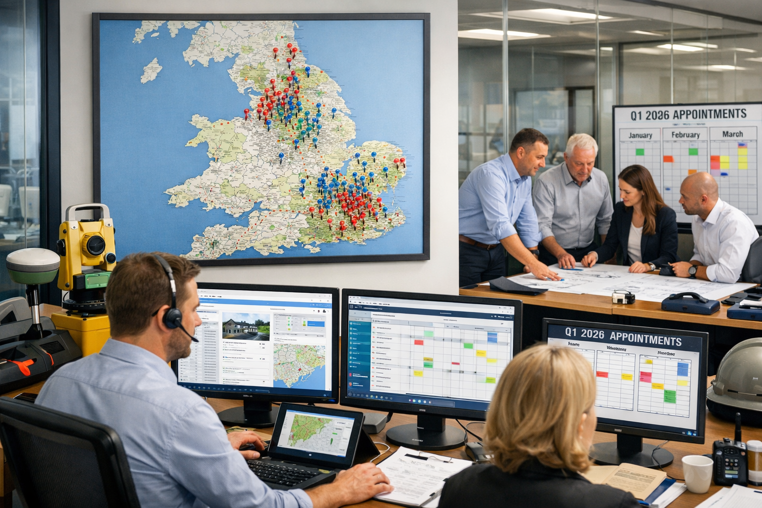 () wide-angle photograph of busy surveyor's office operations showing multiple professionals working at desks with dual