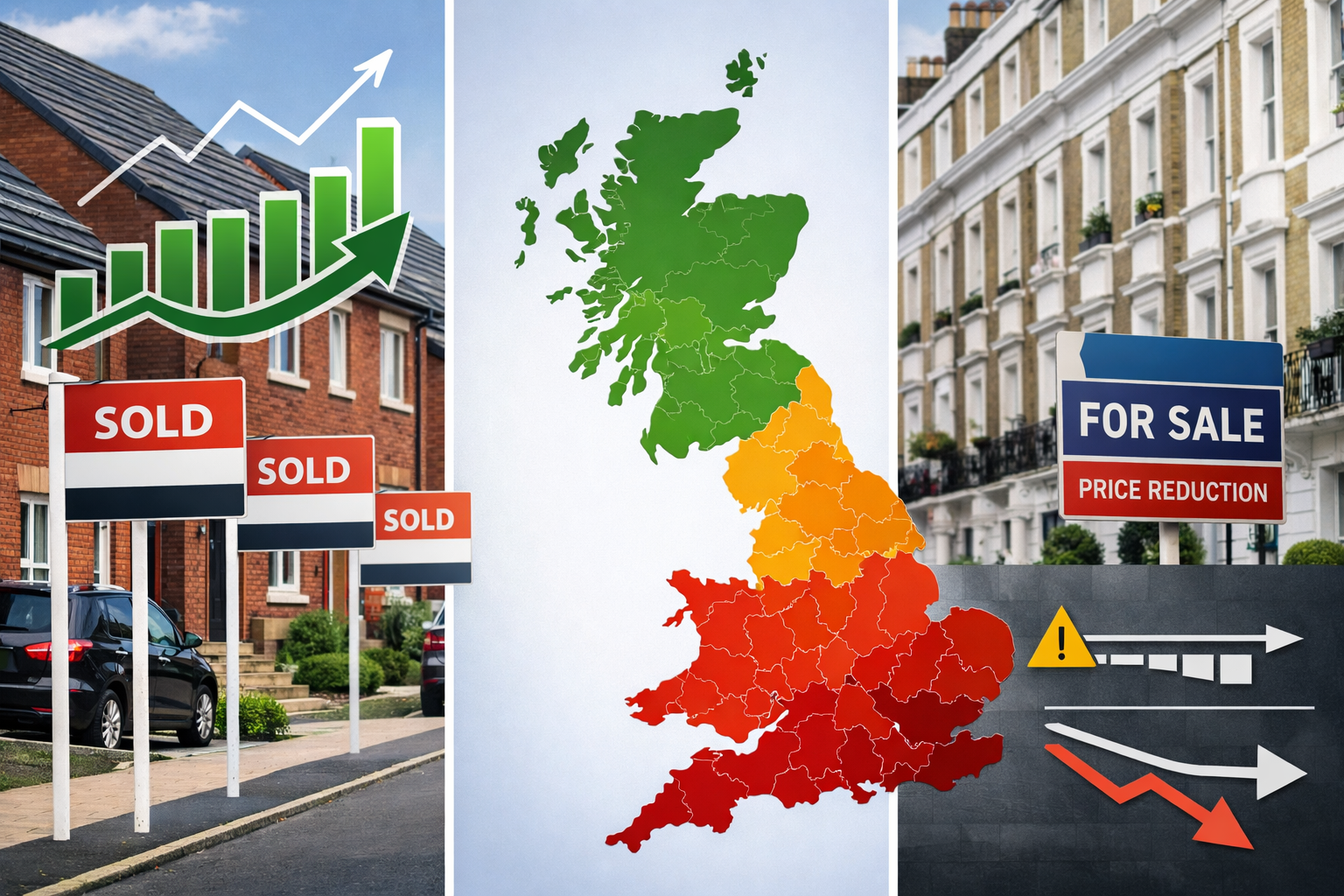 () split-screen comparison image showing contrasting UK regional property markets - left side depicts Northern England