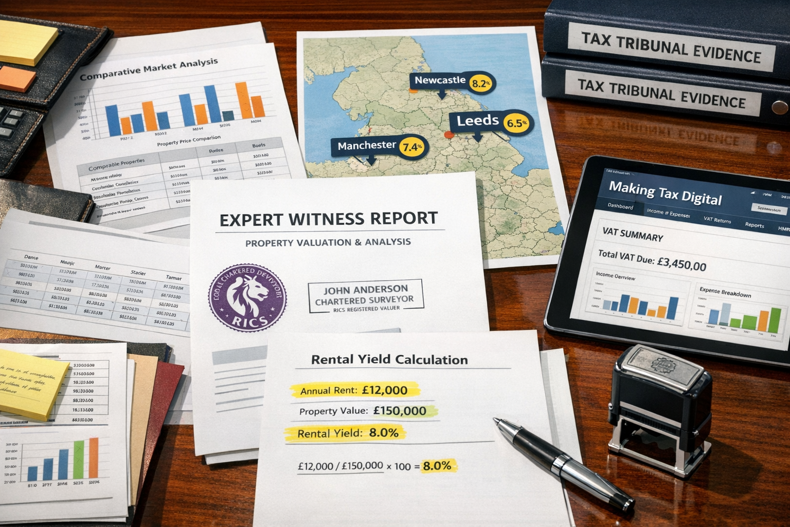 Detailed () image showing close-up of professional expert witness report documentation with RICS certification seal,