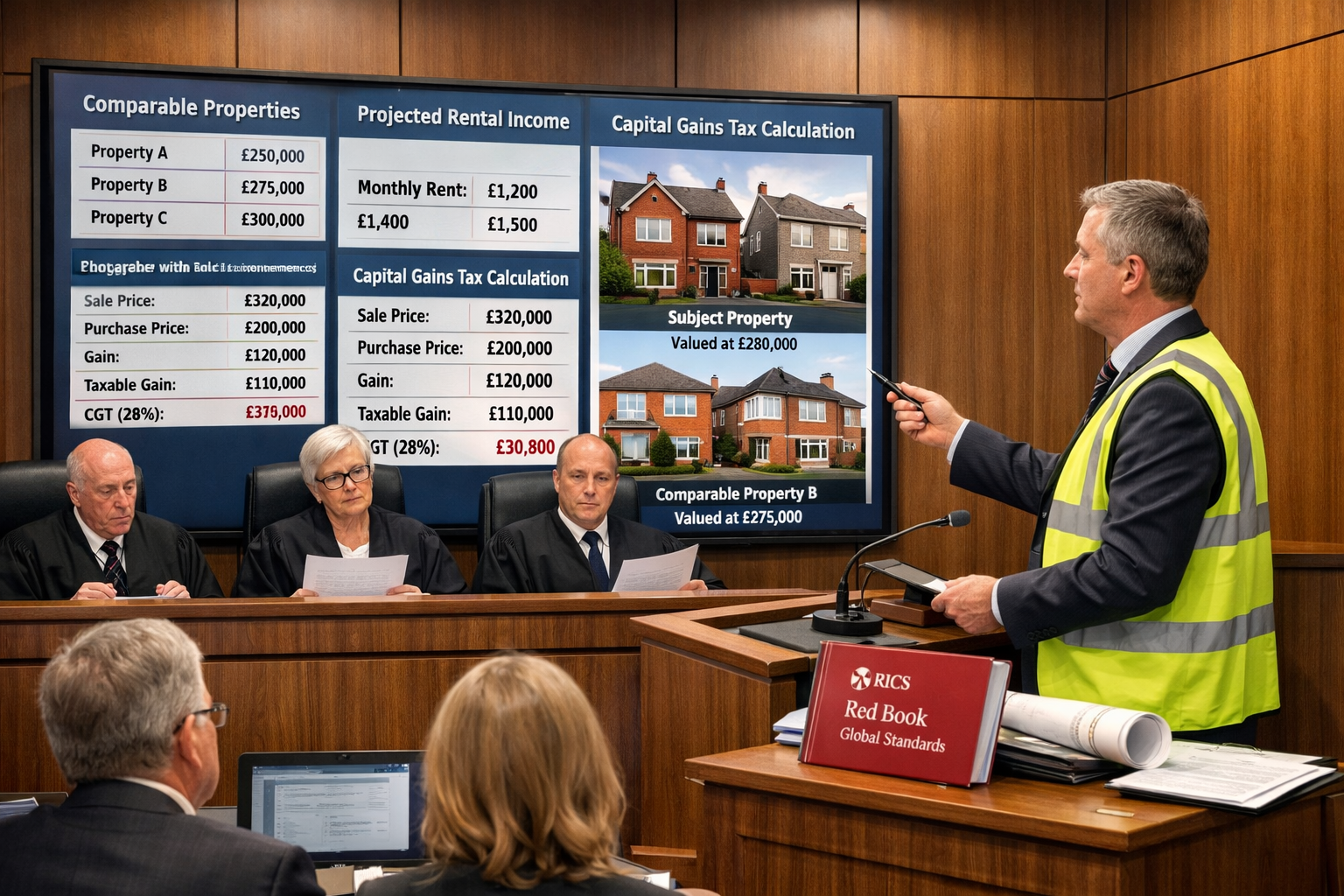 () courtroom perspective illustration showing expert witness testimony stand with professional surveyor presenting