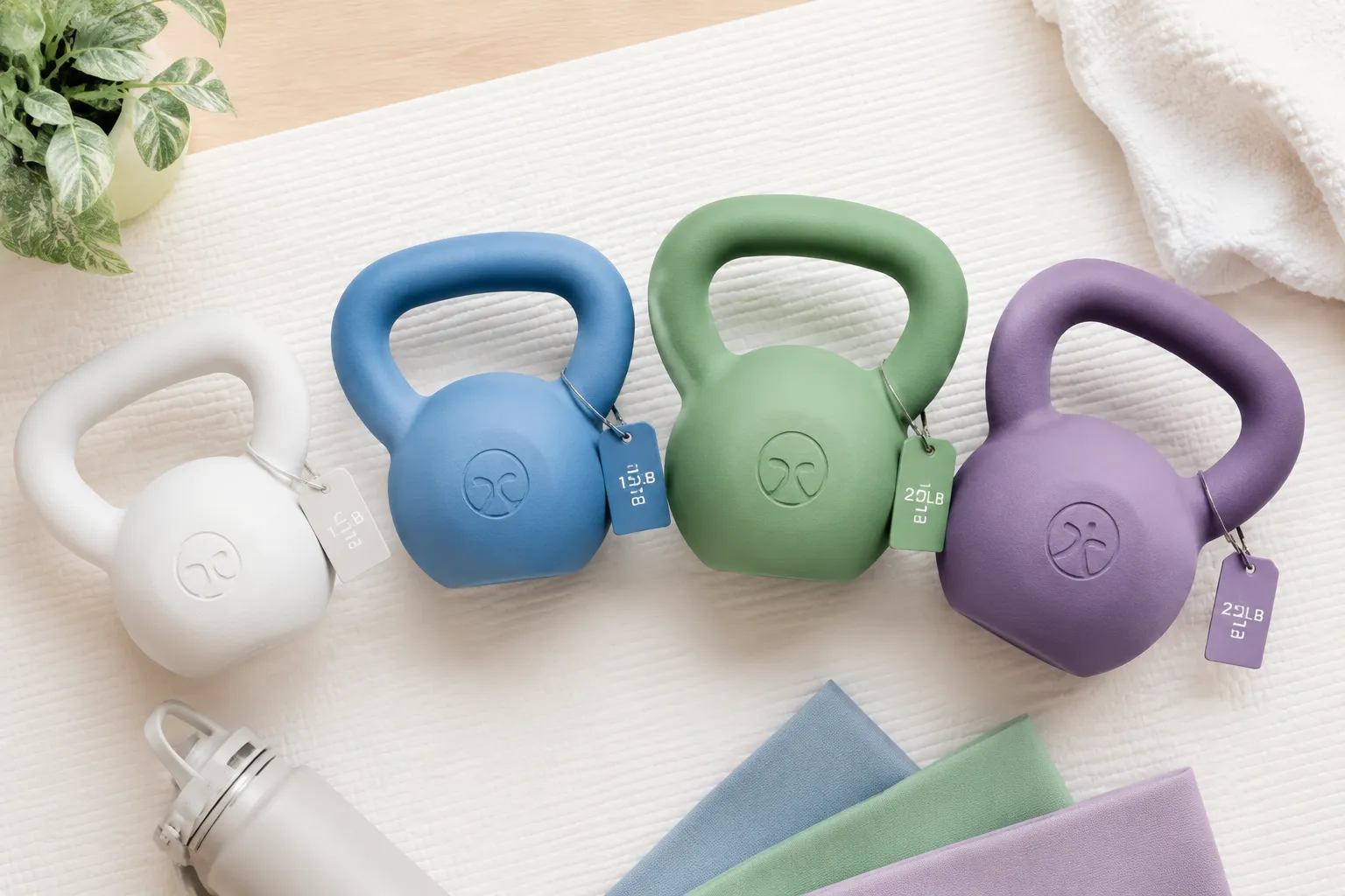 Bright editorial flat-lay landscape (1536x1024): overhead studio shot of four color-coded soft kettlebells arranged in a gentle arc on a white yoga mat — white 10lb, blue 15lb, green 20lb, purple 25lb — each with a small color-matched weight label tag visible, soft diffused studio lighting from above, clean minimal background, crisp product photography with a pastel fitness aesthetic, Pinterest-worthy composition, no pricing text, no tables.

Yottoy Soft Kettlebell Review