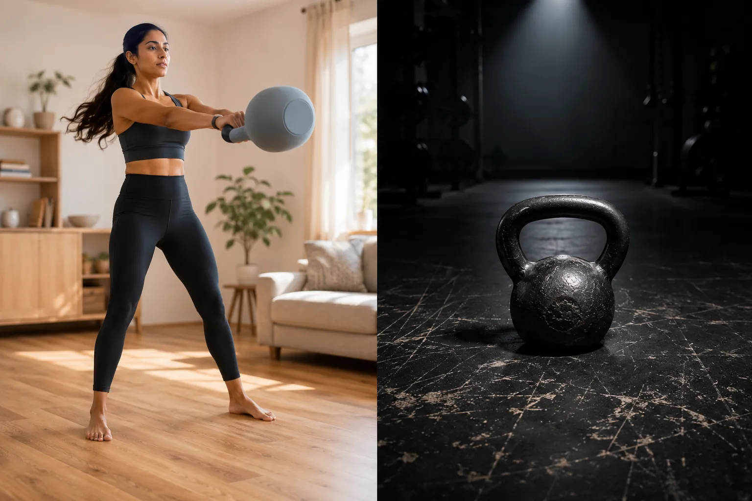 Split-screen editorial landscape (1536x1024): left half shows a soft PVC sand-filled kettlebell mid-swing in the hands of a fit South Asian woman in a bright home living room, hardwood floor clearly undamaged beneath it, natural daylight, warm tones; right half shows a traditional cast-iron kettlebell on a scratched dark gym floor with a dramatic single spotlight, cool tones. High-contrast magazine composition, visual metaphor for soft vs hard kettlebell impact, no text overlays.

Yottoy Soft Kettlebell vs Regular Kettlebell: Which Is Better?