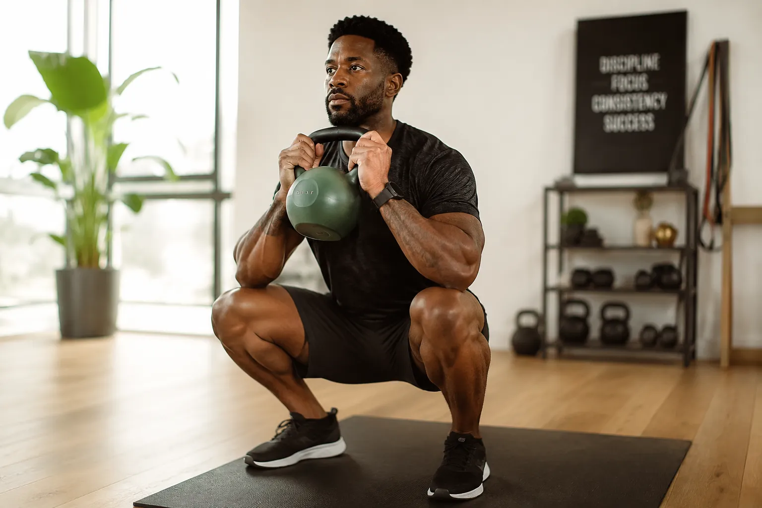Cinematic editorial landscape (1536x1024): a Black male athlete in his 30s performing a kettlebell goblet squat in a clean modern home gym, holding a green soft-shell cushioned kettlebell at chest height, bright natural light from large windows, light wood floors, a yoga mat beneath him, motivational yet minimal decor in background, shallow depth of field focused on the kettlebell handle grip, warm editorial color grade, fitness magazine quality, no tables or pricing text.

Yottoy Soft Kettlebell Exercises: What Can You Do With It?