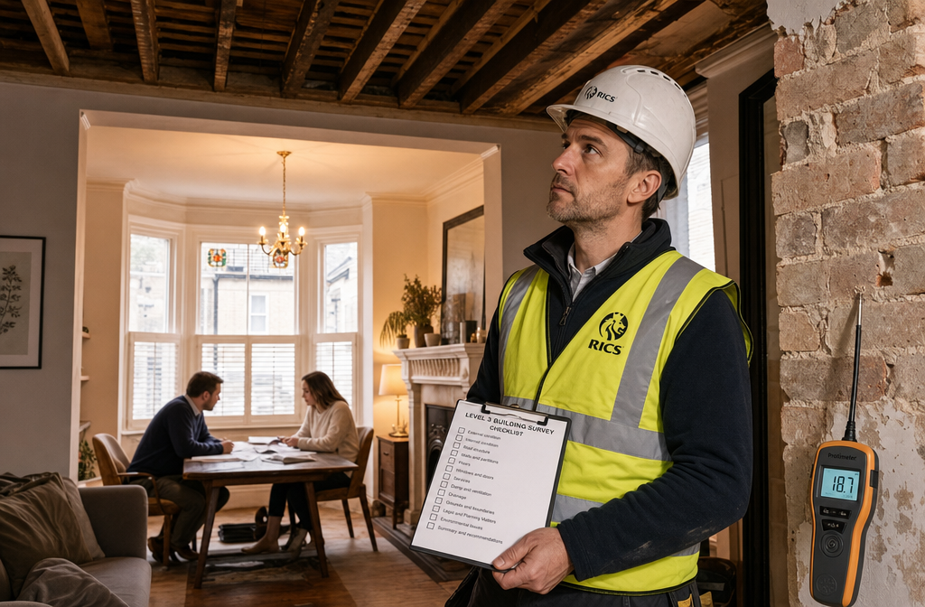 () showing a RICS chartered surveyor in a high-visibility vest and hard hat inspecting the interior of a Wimbledon Victorian