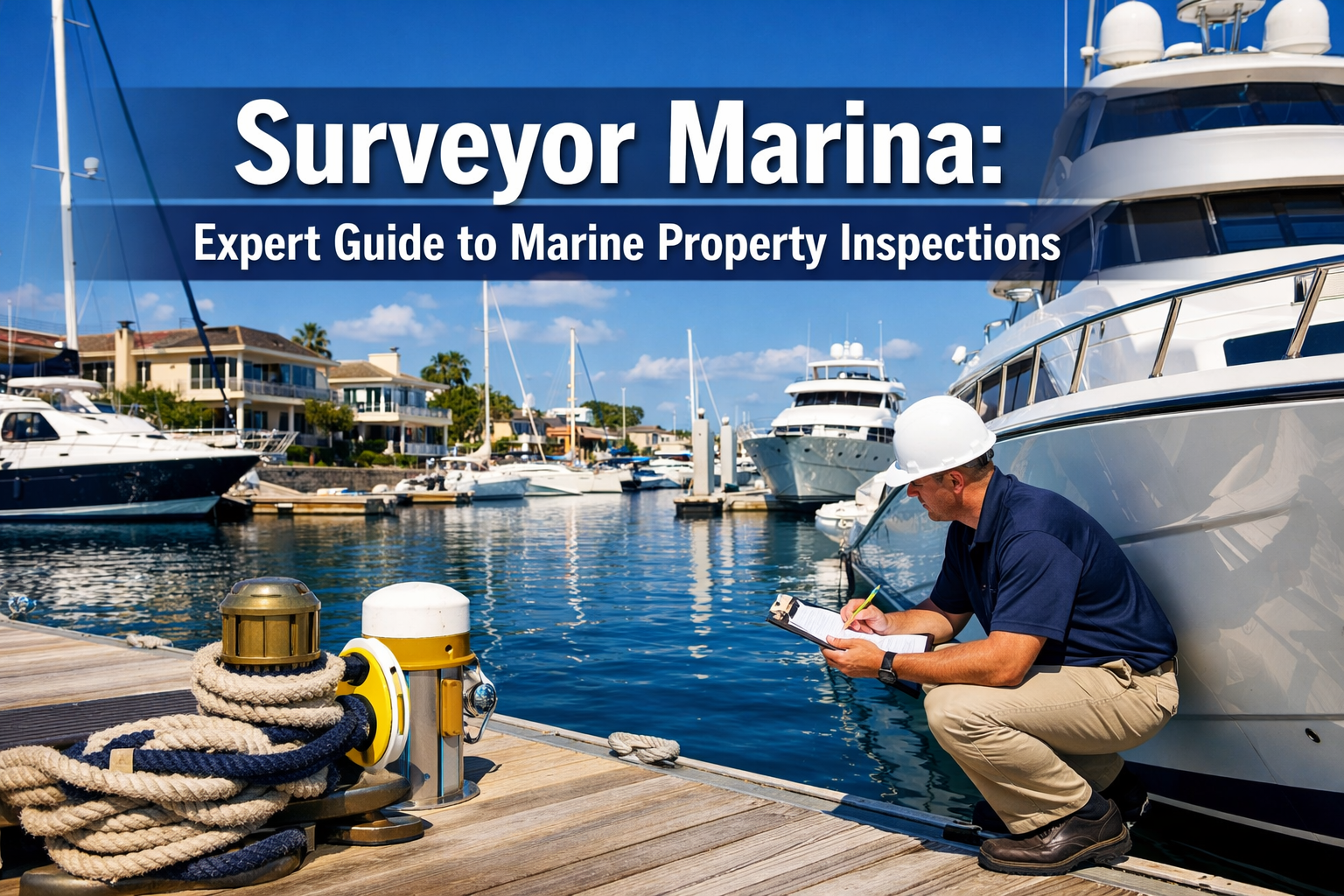 Professional landscape hero image (1536x1024) featuring bold text overlay 'Surveyor Marina: Expert Guide to Marine Property Inspections' in 