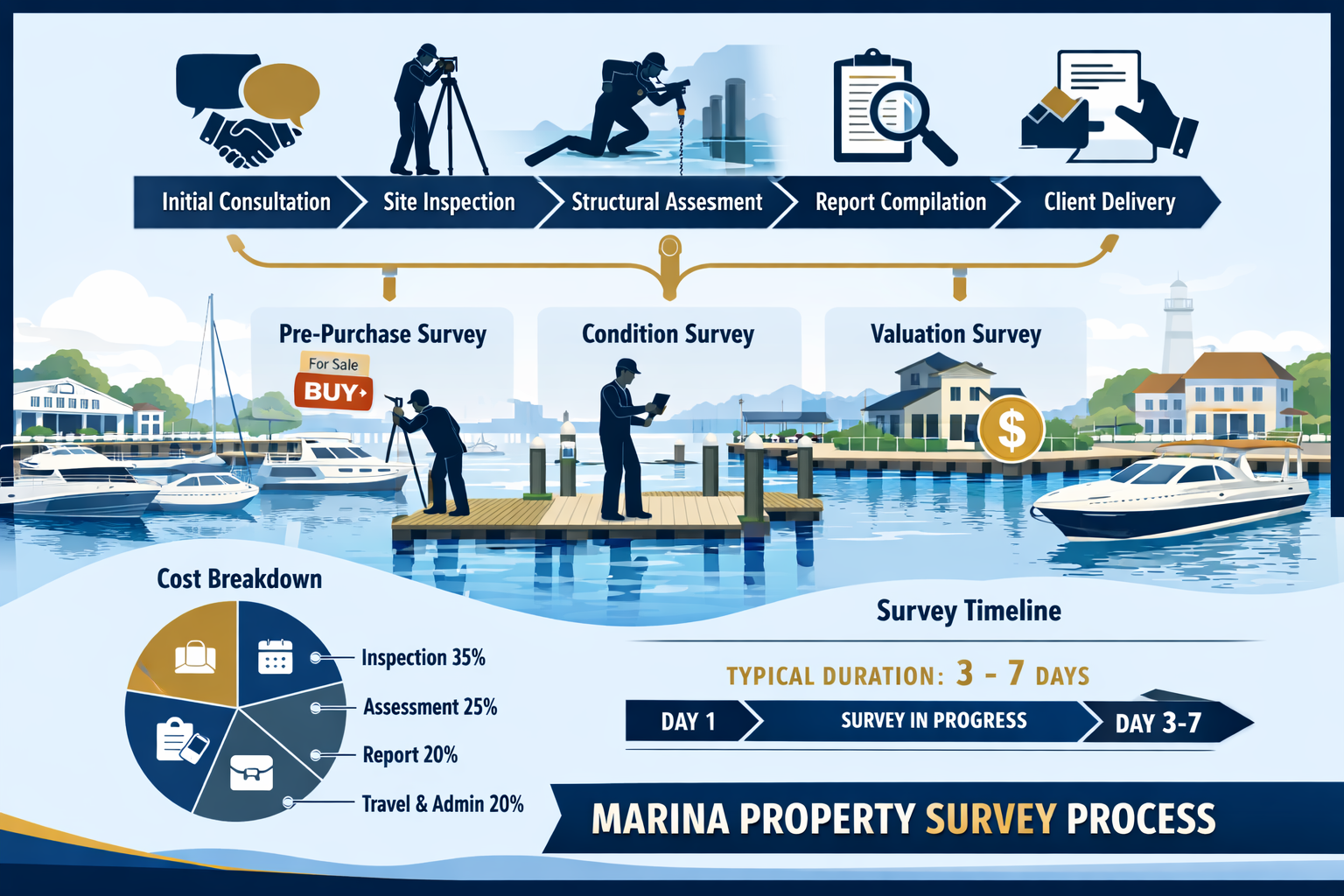 Comprehensive landscape infographic image (1536x1024) displaying marina property survey process flowchart with five distinct stages: initial