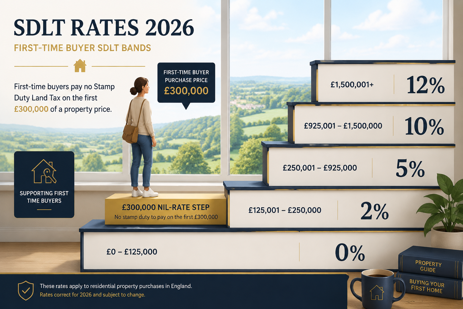 () infographic-style illustration showing a tiered SDLT rate table as a staircase diagram, each step labelled with 2026