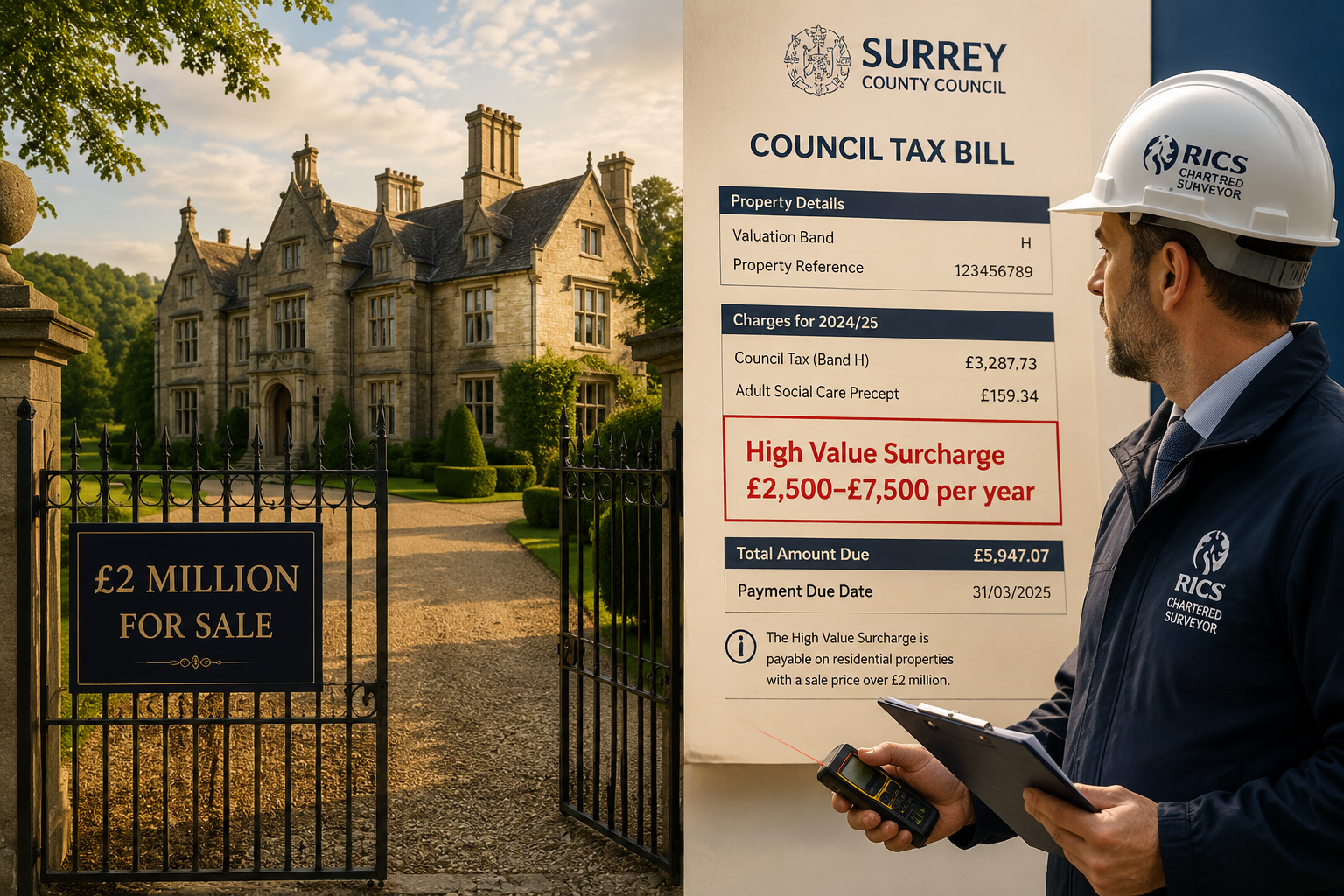 () split-scene image: left side shows a grand Surrey mansion with a £2 million price tag sign on iron gates, right side