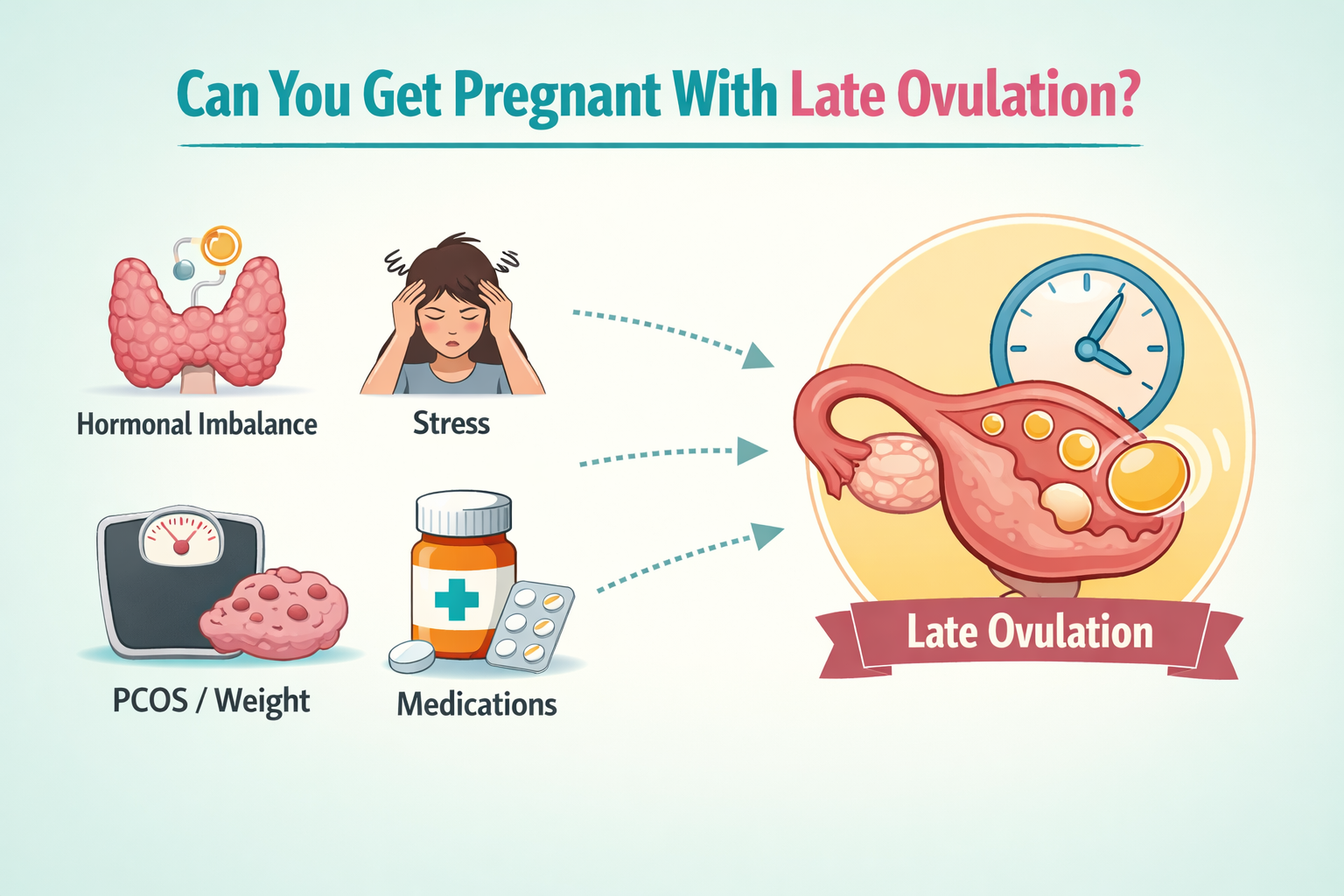 An infographic-style illustration in landscape format (1536x1024) outlining common causes of late ovulation, using clear icons for each fact