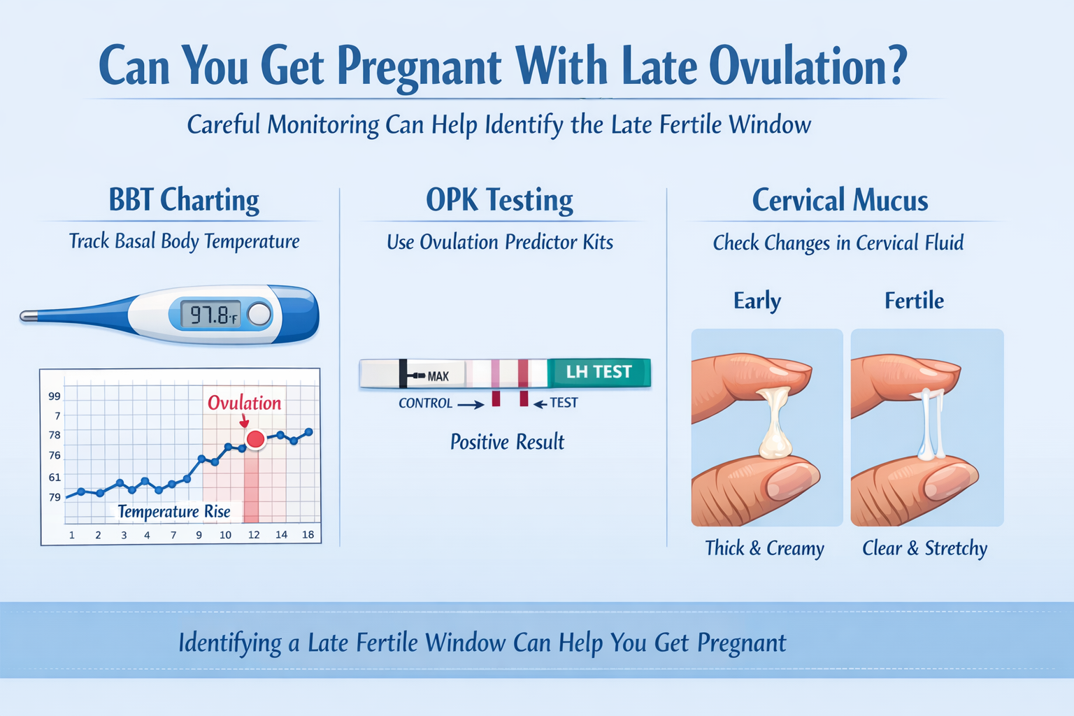 A clear, step-by-step visual guide in landscape format (1536x1024) depicting various methods for tracking ovulation. This could include a th