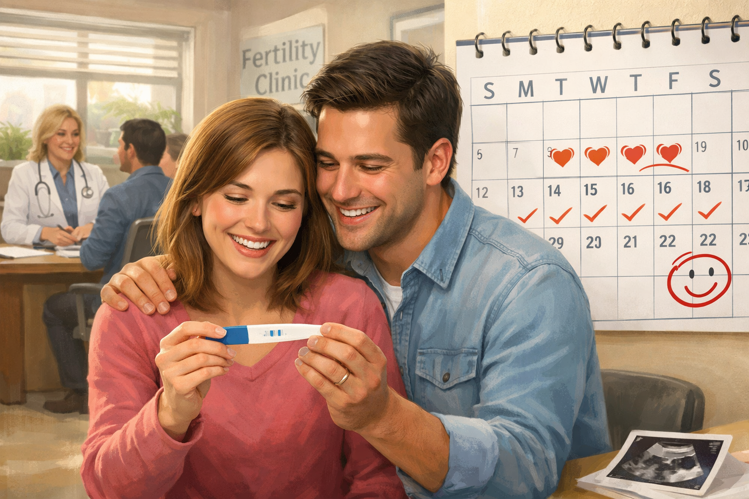 A hopeful and professional illustration in landscape format (1536x1024) showing a couple looking at a positive pregnancy test, with a calend