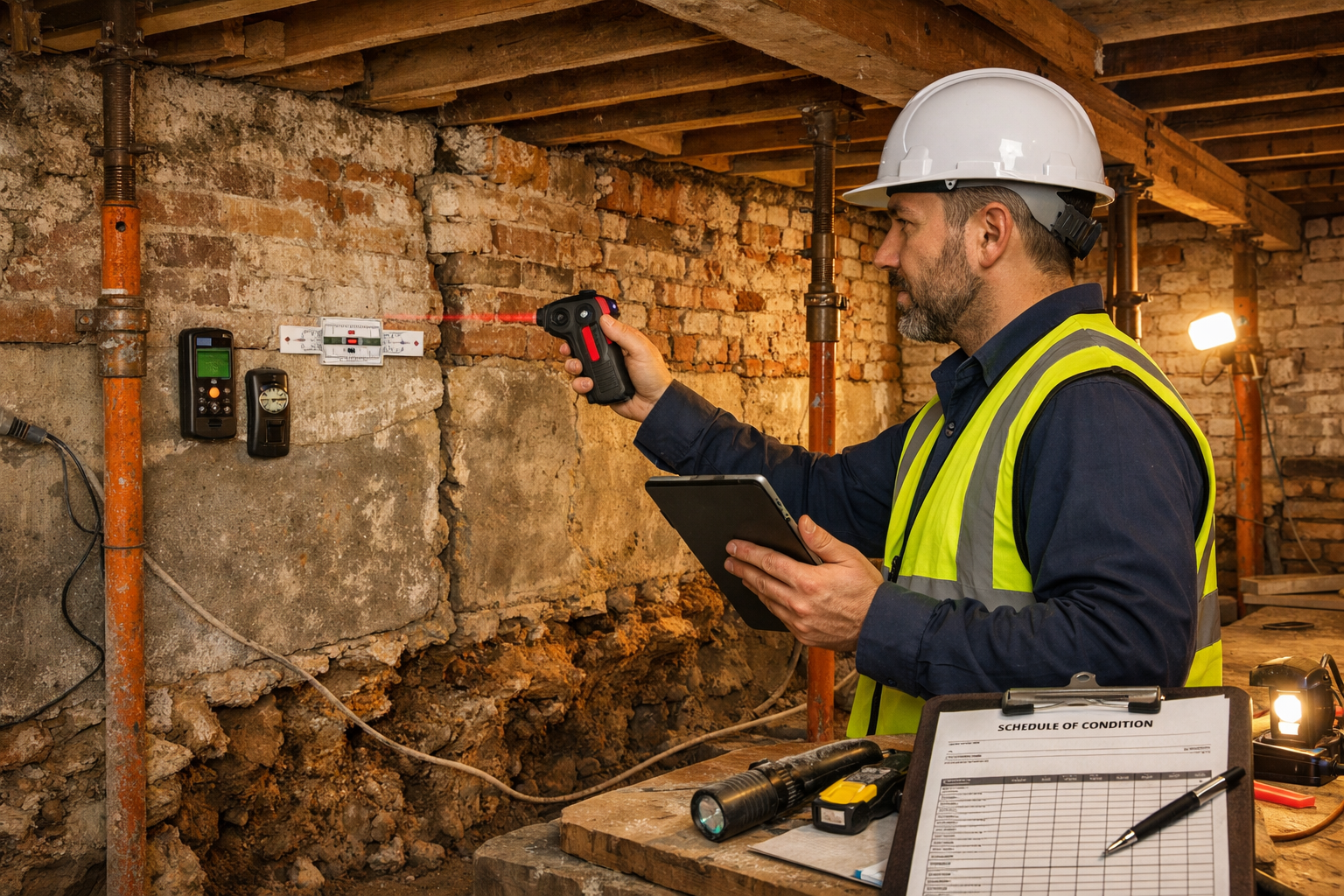 Detailed () image depicting professional party wall surveyor in hard hat and high-visibility vest conducting detailed