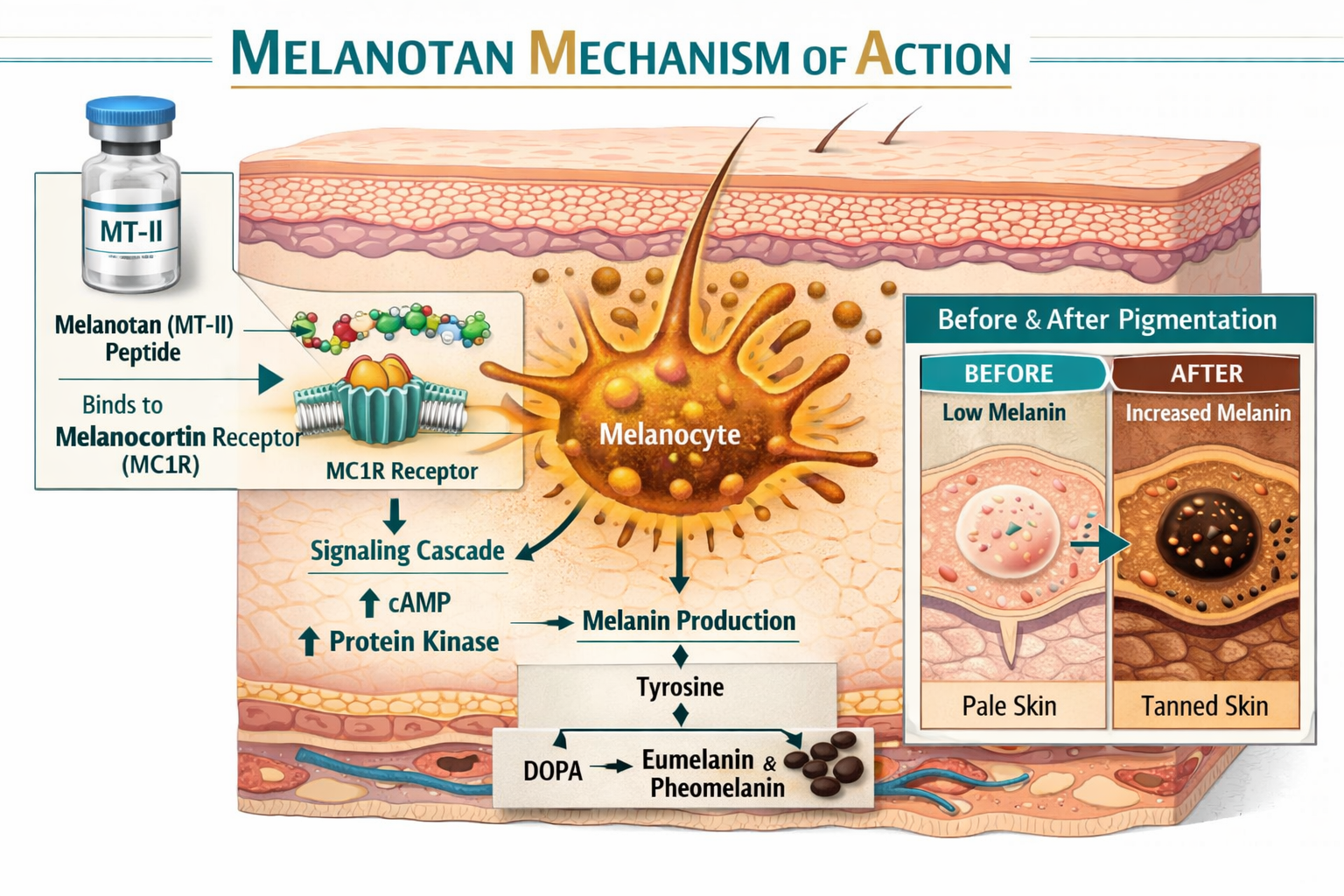 Detailed () scientific infographic illustration showing the Melanotan peptide mechanism of action: a stylized cross-section