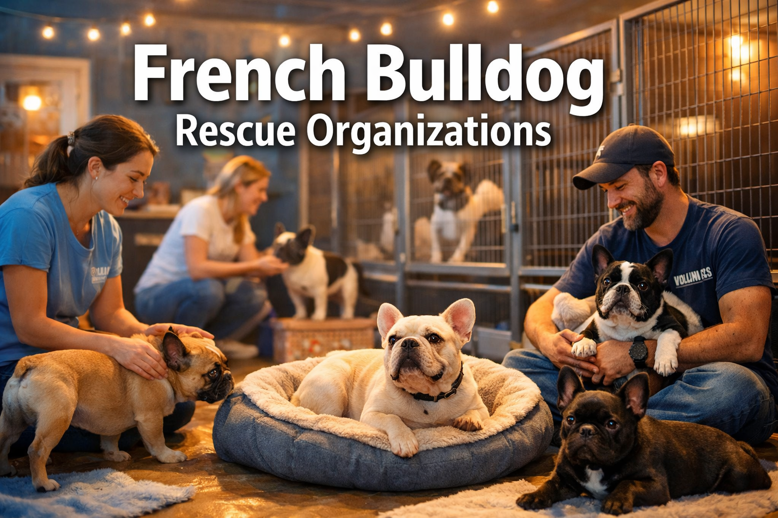 Professional landscape format (1536x1024) hero image featuring bold text overlay 'French Bulldog Rescue Organizations' in extra large 72pt w