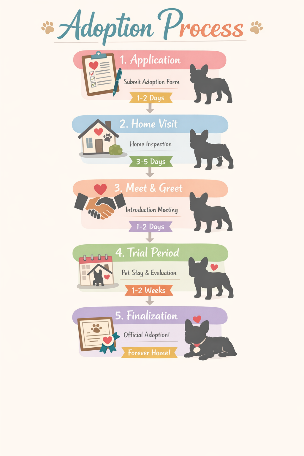 Portrait format (1024x1536) step-by-step adoption process flowchart showing 5 stages: application, home visit, meet and greet, trial period,