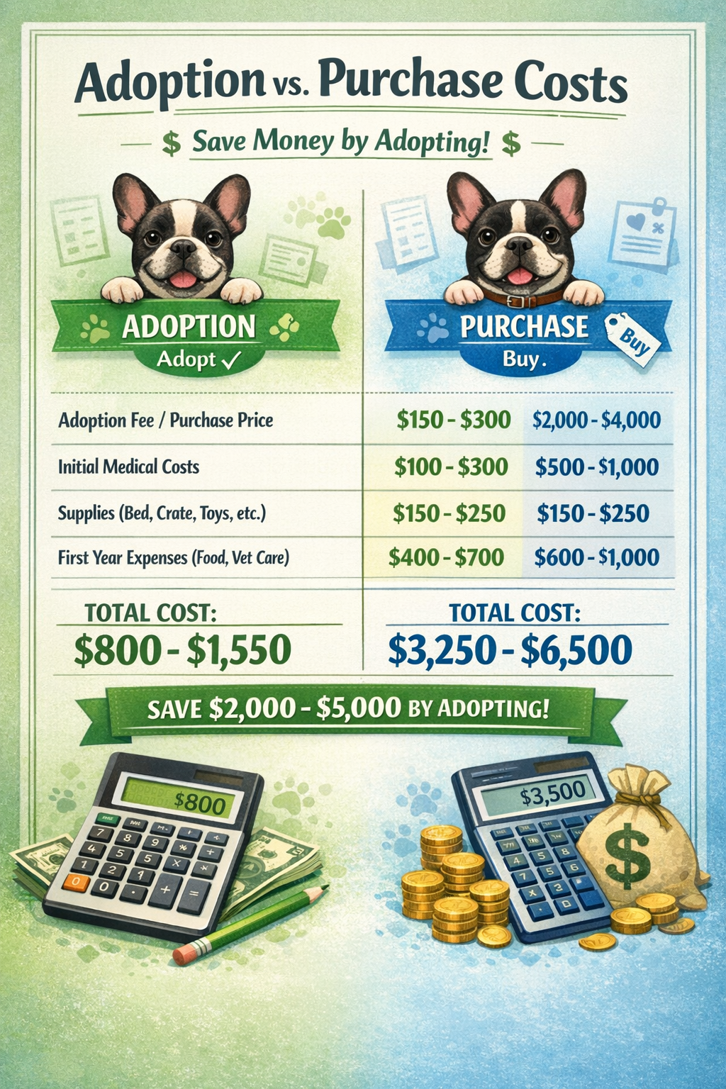 Portrait format (1024x1536) comparison chart showing adoption vs purchase costs breakdown, two columns with dollar signs, itemized expenses 