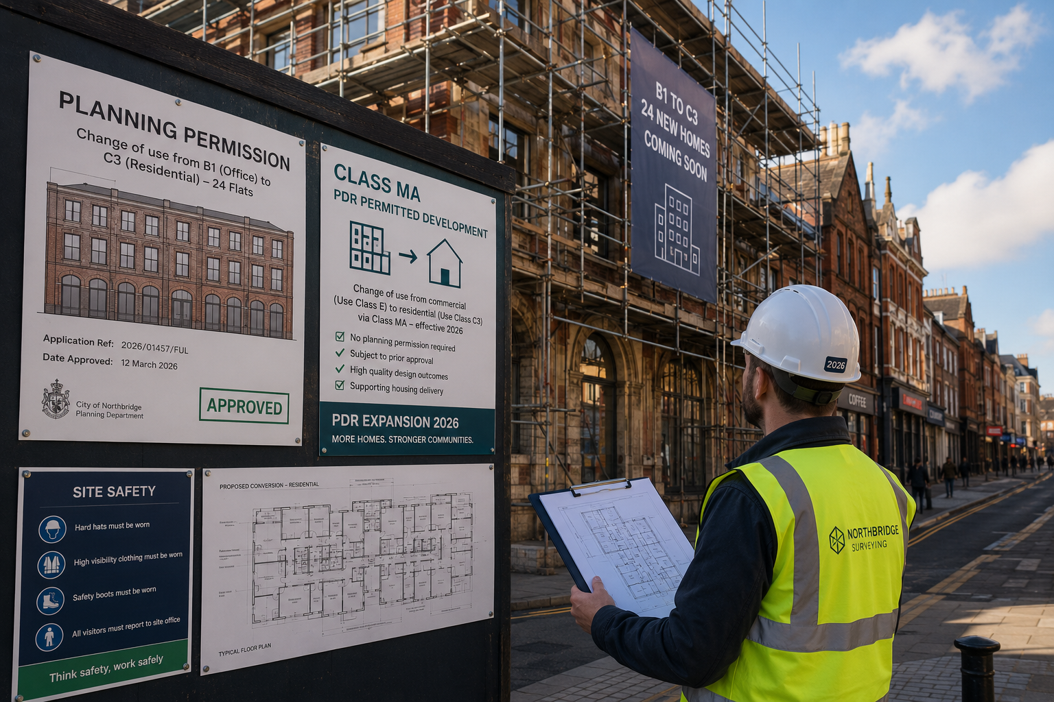 Detailed () editorial image showing a UK commercial building mid-conversion to residential flats, scaffolding visible on