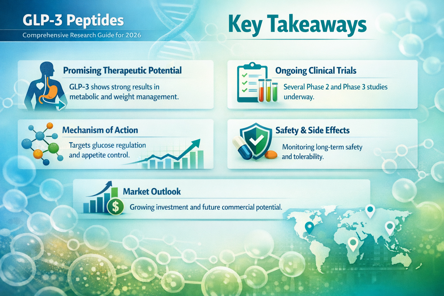 Professional landscape infographic (1536x1024) for article "GLP-3 Peptides: Comprehensive Research Guide for 2026", section: "Key Takeaways"