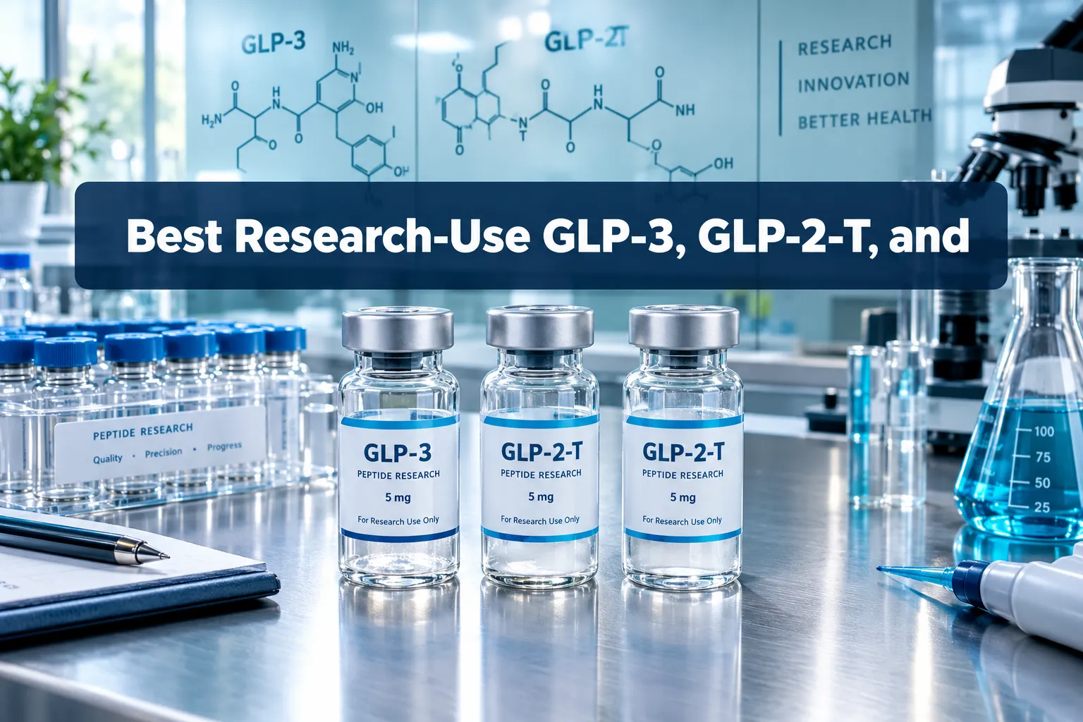 Professional () hero image with SHORT (≤42 chars): 'Best Research-Use GLP-3, GLP-2-T, and' in crisp white centered on a deep