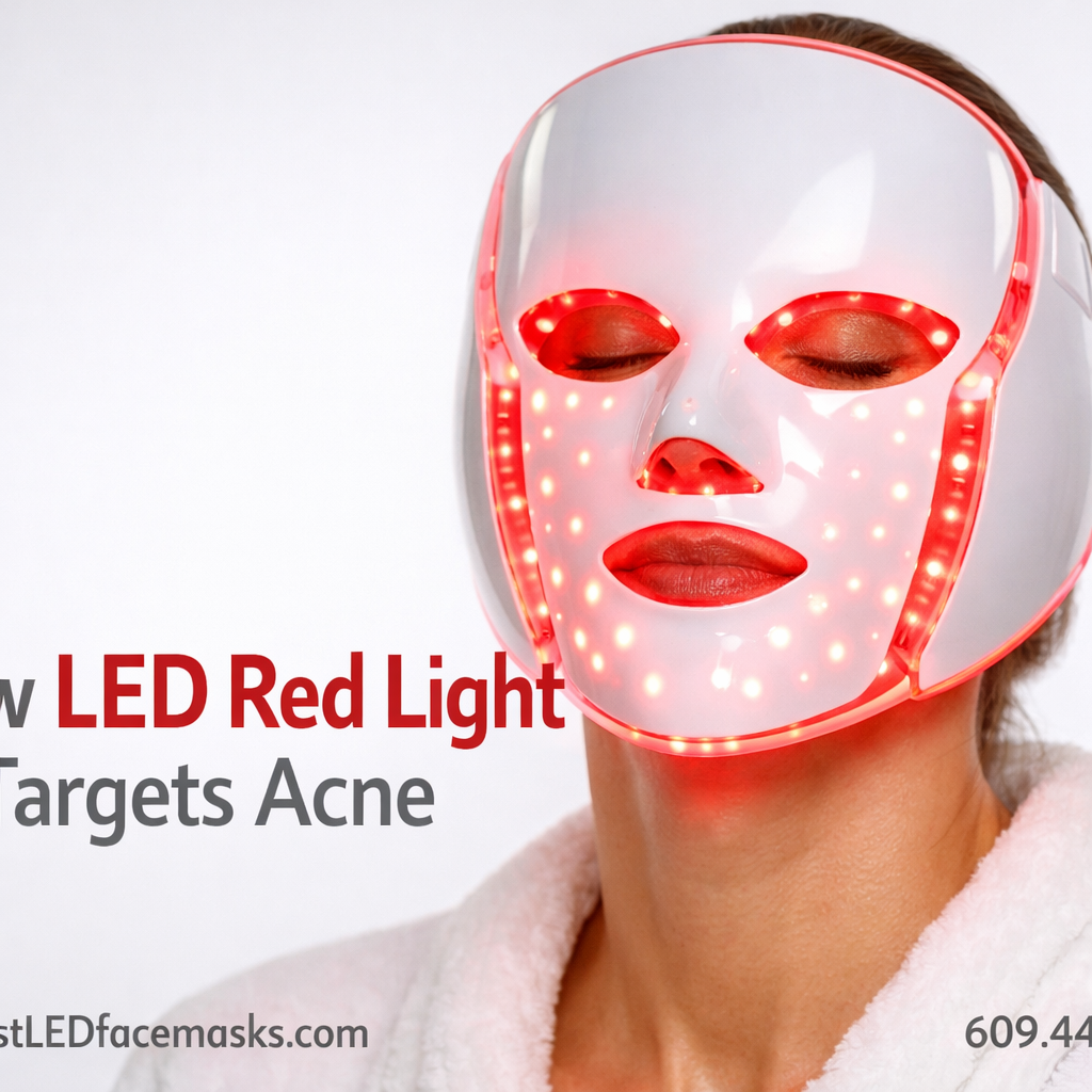 () close-up editorial photo of a person wearing a full-coverage LED red light therapy mask with visible red and