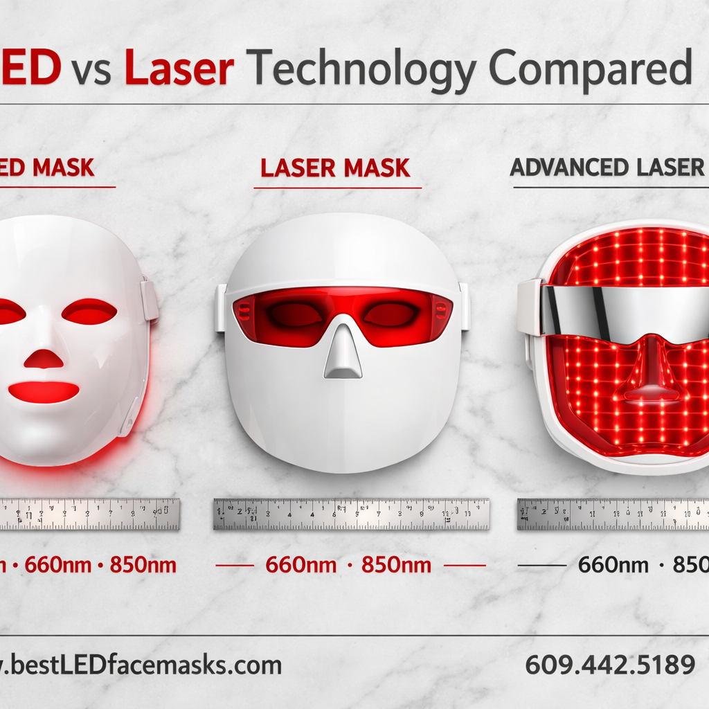 () flat-lay product comparison image showing three LED face masks side by side on a marble surface, each labeled with