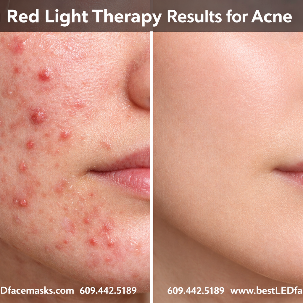 () split-screen before and after skincare results image: left side shows close-up of acne-prone skin with visible blemishes