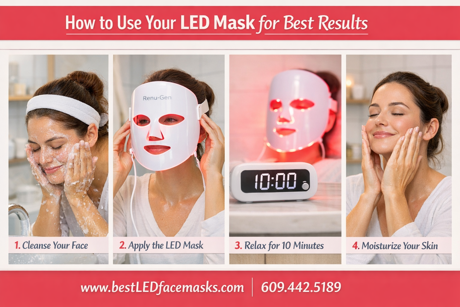 () step-by-step instructional infographic showing a person using a Renu-Gen LED face mask in a clean bathroom setting, four