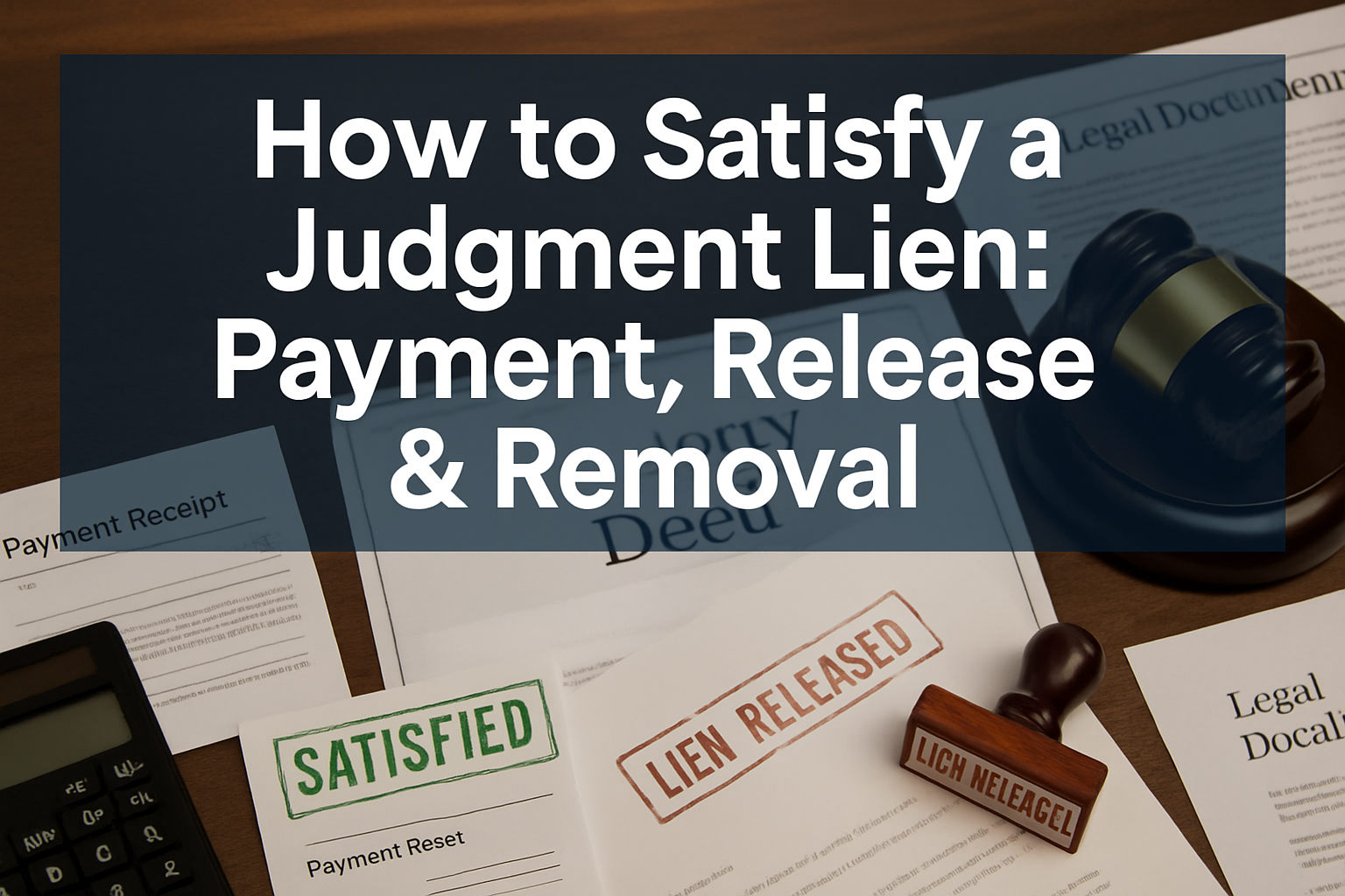 Professional landscape hero image (1536x1024) featuring bold text overlay 'How to Satisfy a Judgment Lien: Payment, Release & Removal' in ex