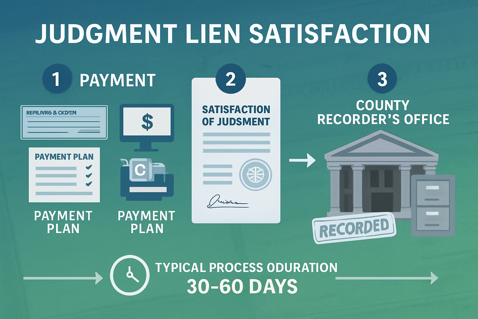 Detailed landscape infographic (1536x1024) illustrating the three-step judgment lien satisfaction process with numbered circular icons conne