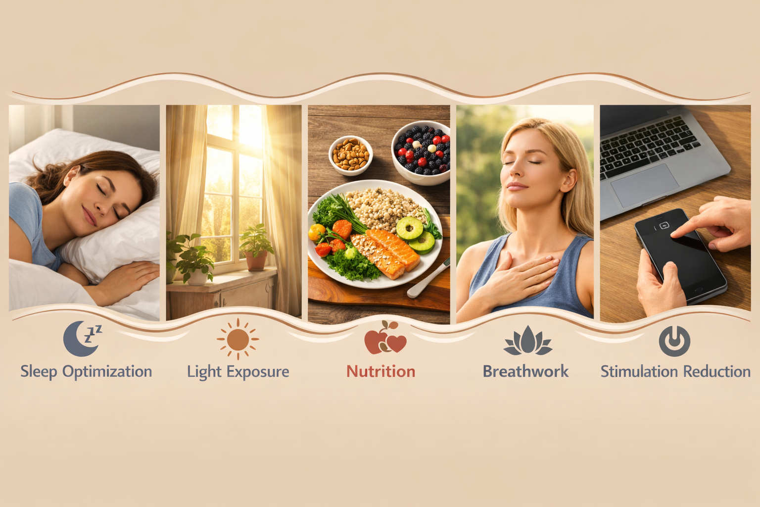 The “Cortisol Detox”: 5 Ways to Lower Stress Hormones Naturally 3 Do not write in Hindi on the images. Must write in English only. Don't use Hindi. Landscape format (1536x1024) split-screen composition show