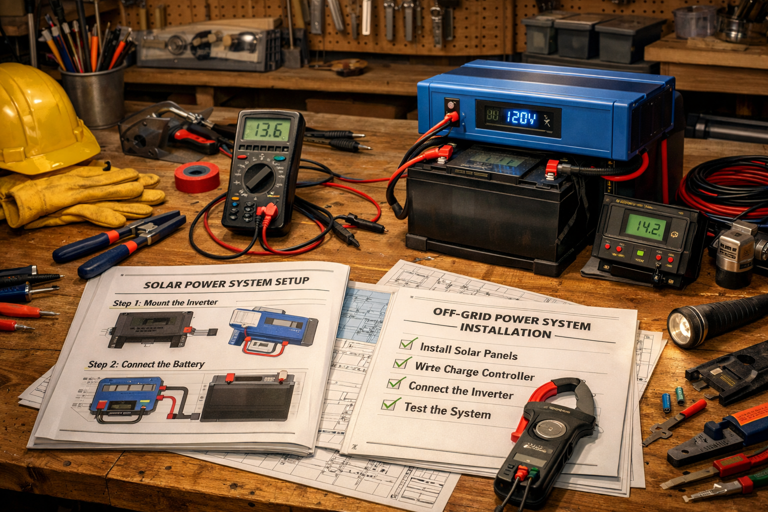 Landscape format (1536x1024) realistic home workshop scene showing DIY power system components, instruction manuals spread on workbench, ele