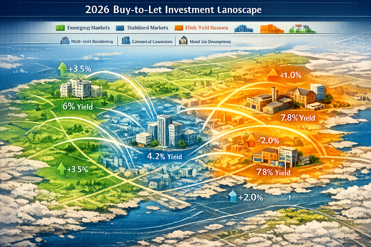Expansive landscape visualization mapping the 2026 buy-to-let property acquisition landscape. Stylized geographical