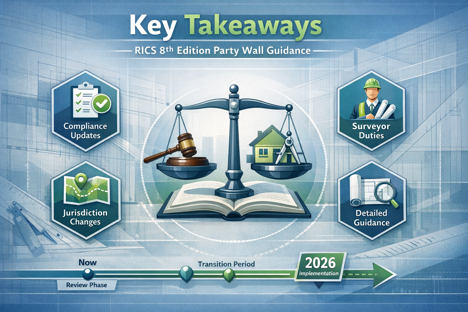 Professional infographic visualizing 'Key Takeaways' for RICS 8th Edition Party Wall Guidance, featuring a modern