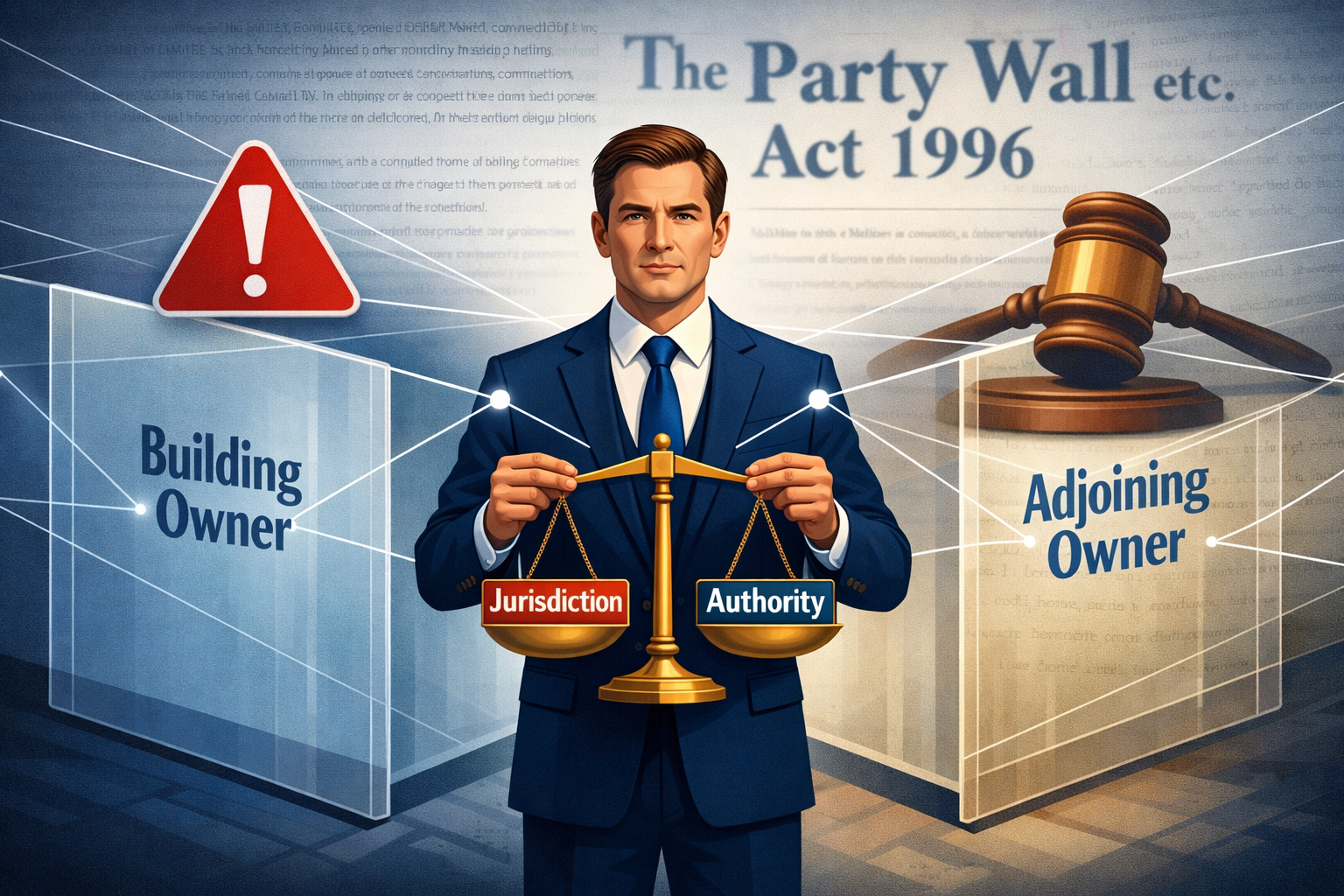 () conceptual illustration depicting surveyor independence and statutory obligations. Central figure shows professional