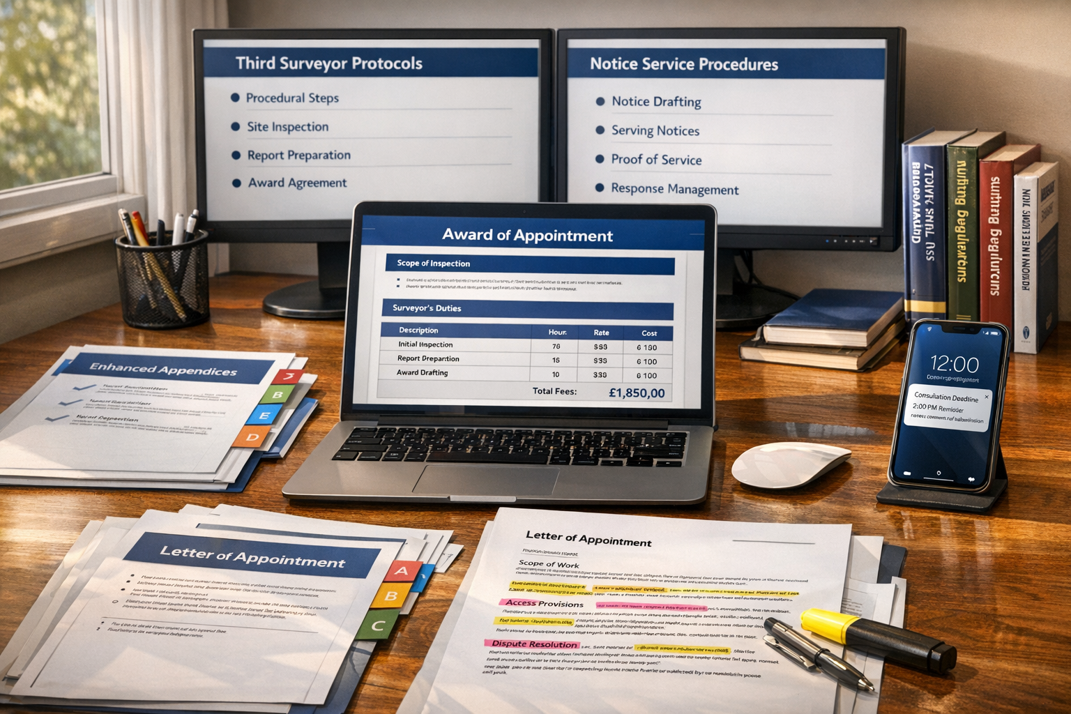 () detailed scene showing modern surveyor's workspace focused on enhanced procedural compliance. Foreground displays open