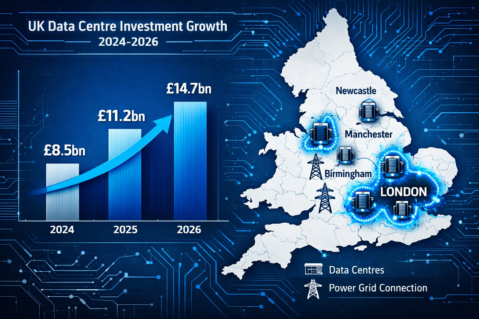 Landscape format (1536x1024) detailed infographic showing UK data centre investment growth 2024-2026 with upward trending bar chart, map of 