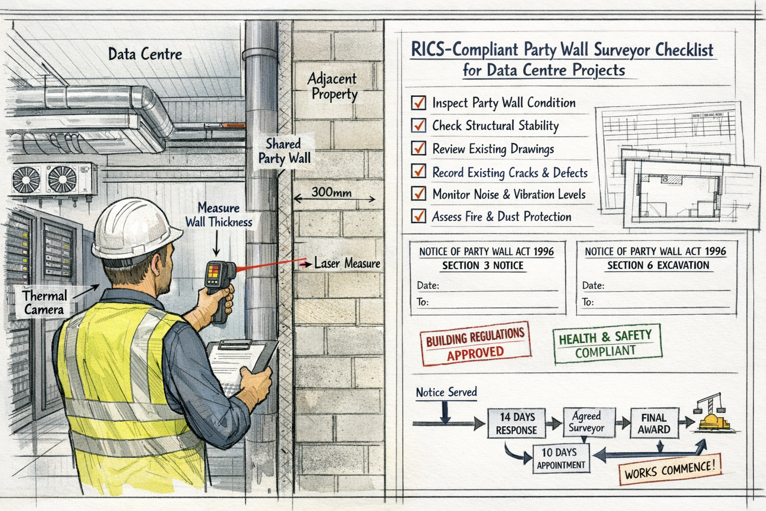 Landscape format (1536x1024) technical illustration of RICS-compliant party wall surveyor checklist for data centre projects, showing split-