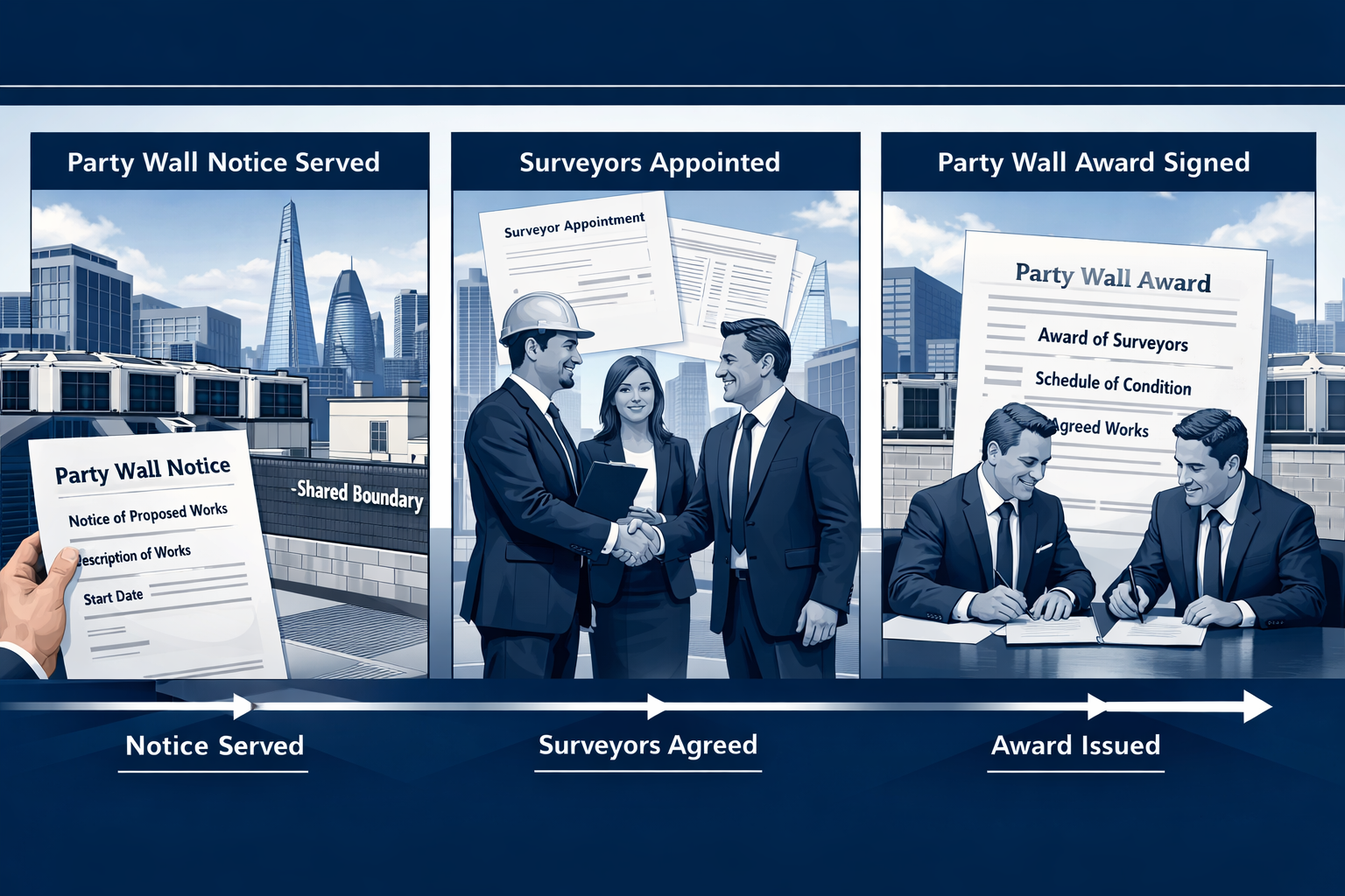 Landscape format (1536x1024) conceptual visualization of party wall dispute resolution process for commercial data centre expansion, showing