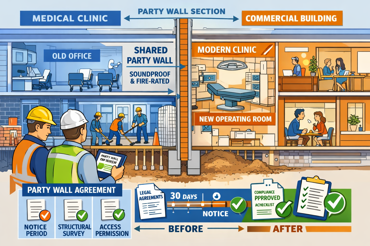 Detailed landscape format (1536x1024) image showing urban healthcare facility construction in densely populated area with cutaway architectu