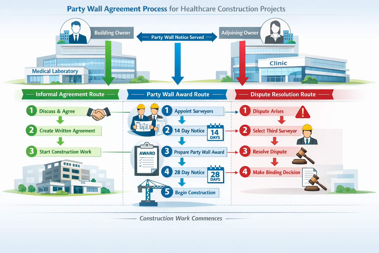 Detailed landscape format (1536x1024) professional infographic showing party wall agreement process flowchart for healthcare construction pr