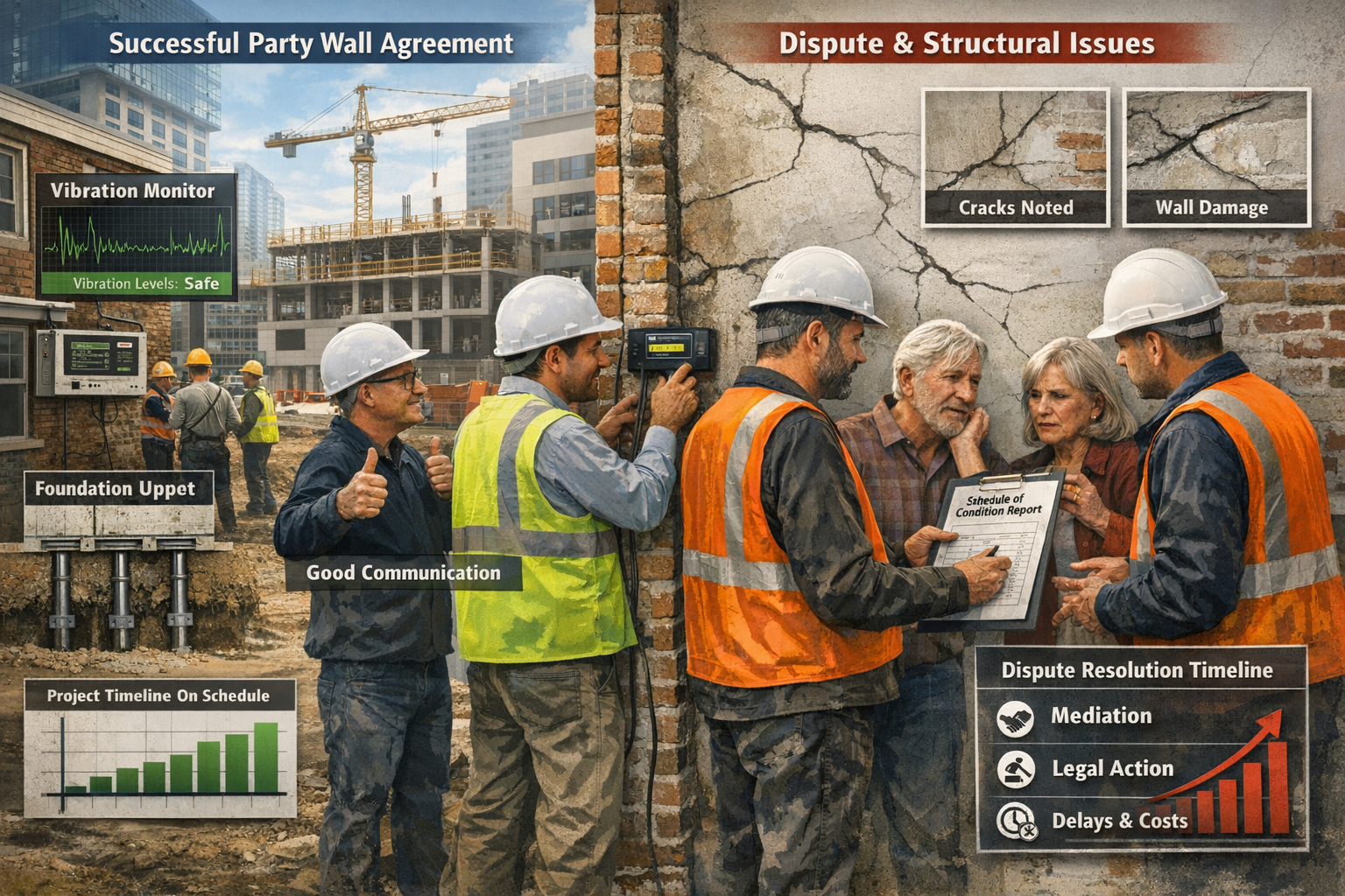 Detailed landscape format (1536x1024) image depicting modern medical laboratory and clinic construction challenges in 2026 urban environment