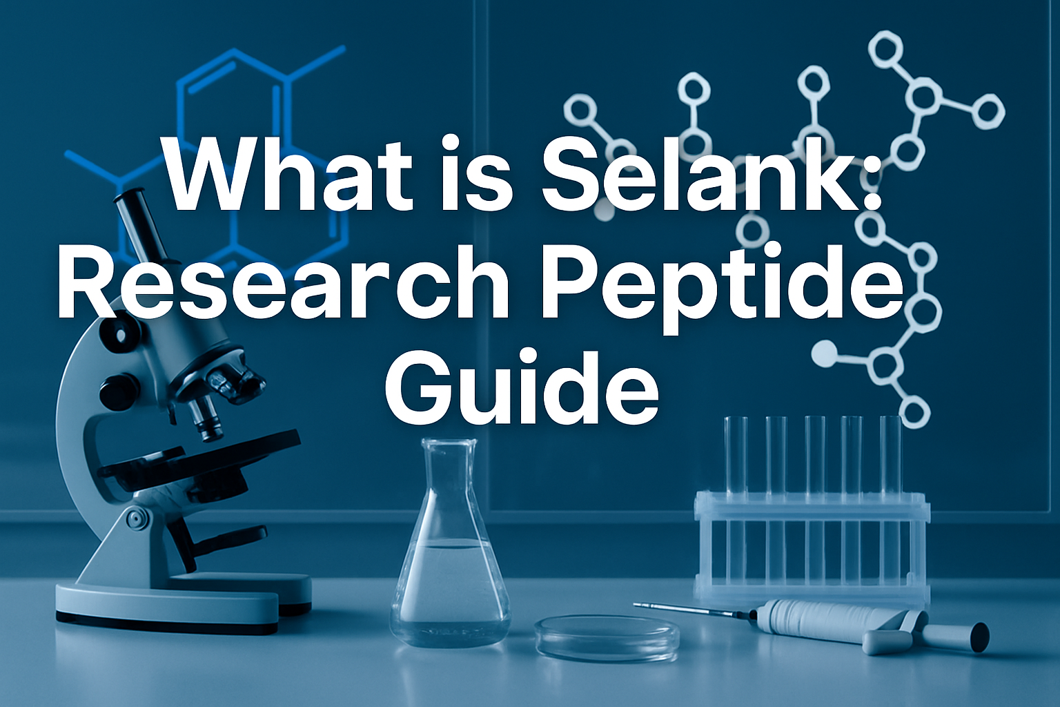 Professional landscape hero image (1536x1024) with bold text overlay 'What is Selank: Research Peptide Guide' in extra large 72pt white sans