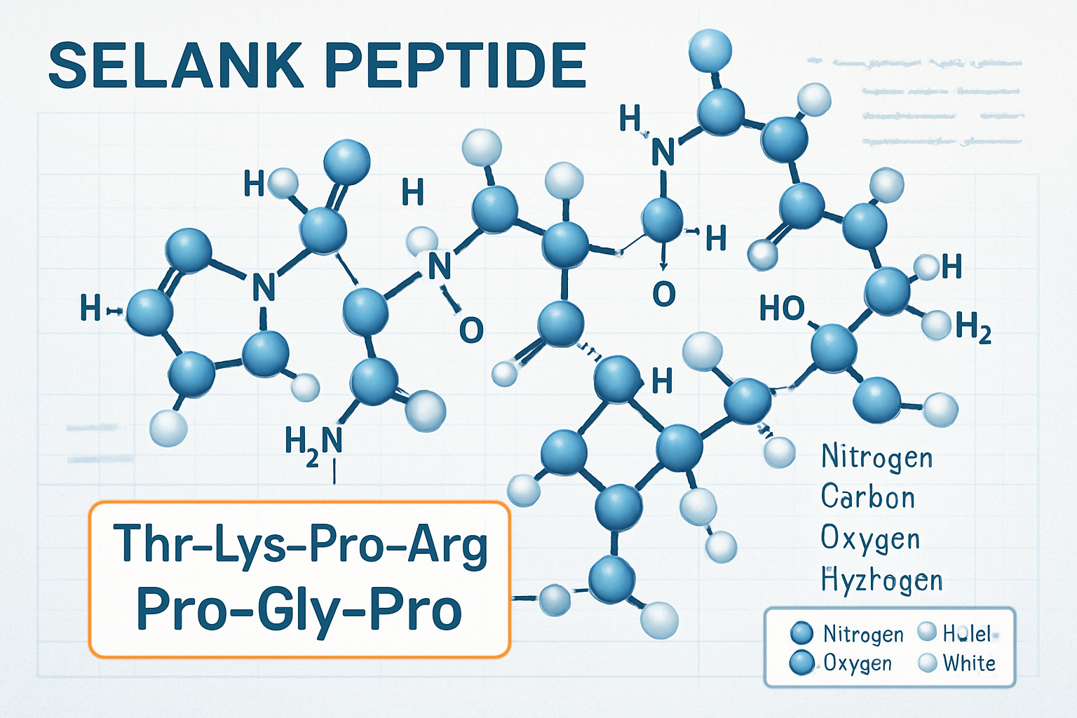 Scientific illustration showing Selank peptide molecular structure with amino acid sequence Thr-Lys-Pro-Arg-Pro-Gly-Pro highlighted, 3D mole