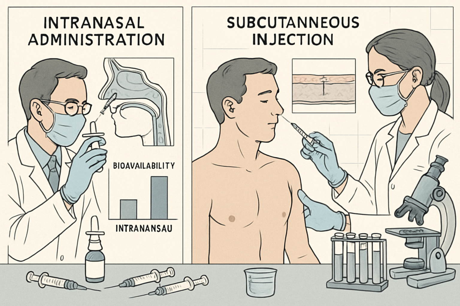 Laboratory research scene showing intranasal administration methods and subcutaneous injection techniques, scientific equipment including sy
