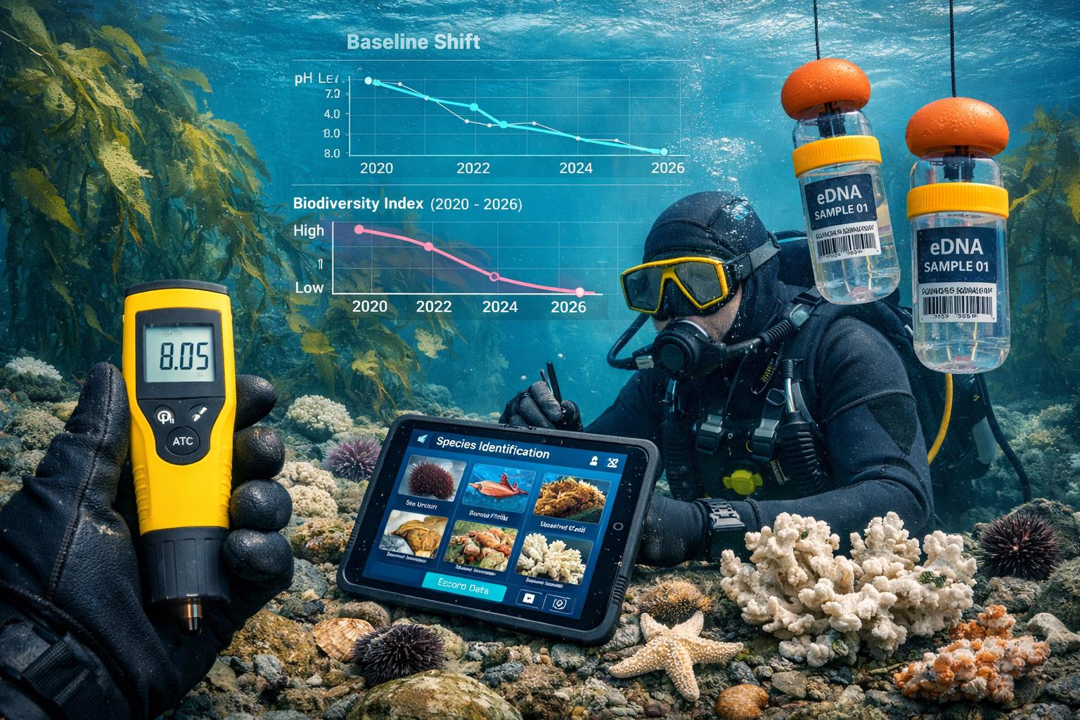 () detailed illustration showing coastal marine surveyor in wetsuit conducting underwater biodiversity assessment with
