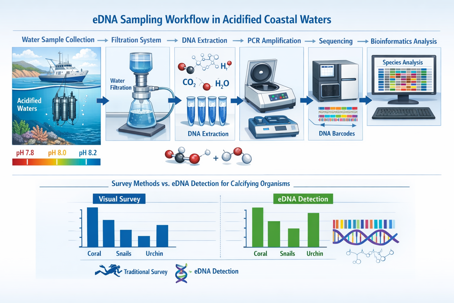 () technical infographic showing eDNA sampling workflow for marine biodiversity monitoring in acidified coastal waters.