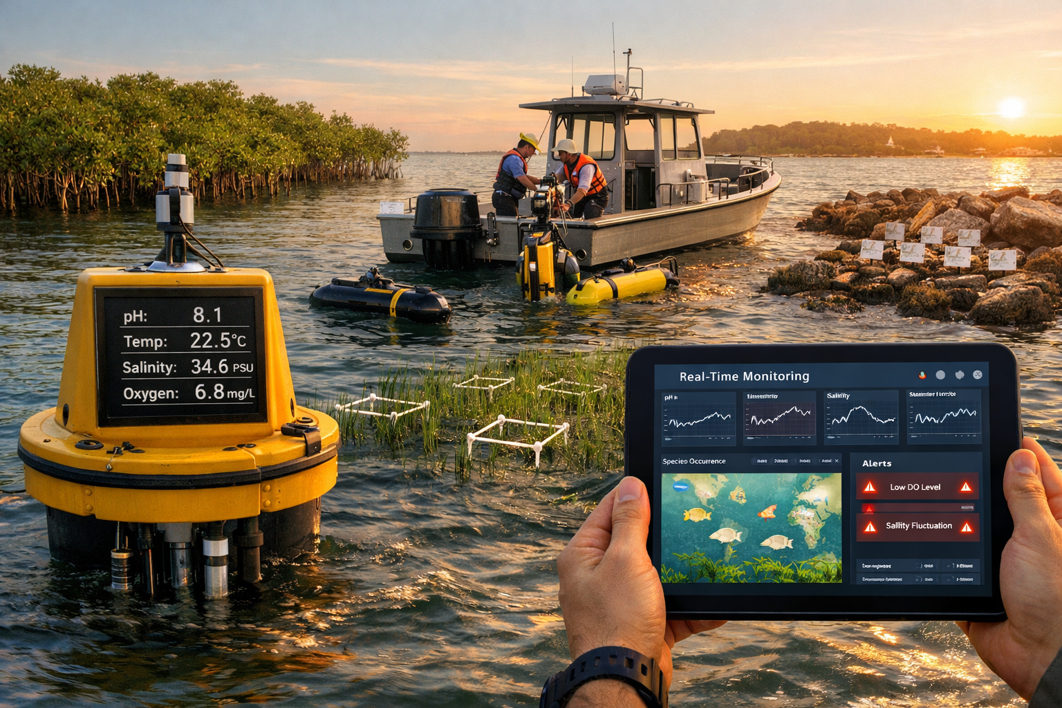 () comprehensive monitoring station scene at coastal biodiversity survey site showing adaptive protocol implementation.